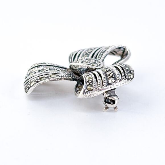 Vintage Thailand Sterling Silver 925 Marcasite Ribbon Bow Brooch Pin - Picture 3 of 7